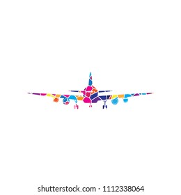 Flying Plane sign. Front view. Vector. Stained glass icon on white background. Colorful polygons. Isolated.