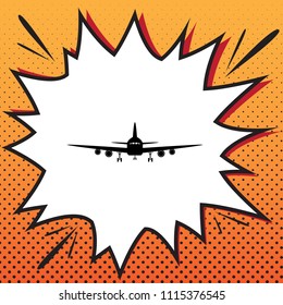 Flying Plane sign. Front view. Vector. Comics style icon on pop-art background.