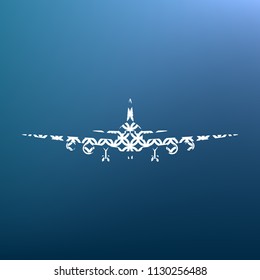 Flying Plane sign. Front view. Vector. White textured icon at lapis lazuli gradient background.
