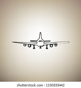 Flying Plane sign. Front view. Vector. Brush drawed black icon at light brown background.