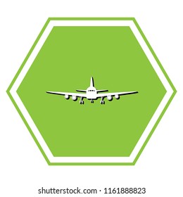 Flying Plane sign. Front view. Vector. White icon with black shadow at yellow green honeycomb on white background.