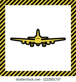 Flying Plane sign. Front view. Vector. Warm yellow icon with black contour in frame named as under construction at white background. Isolated.