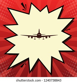 Flying Plane sign. Front view. Vector. Dark red icon in lemon chiffon shutter bubble at red popart background with rays.