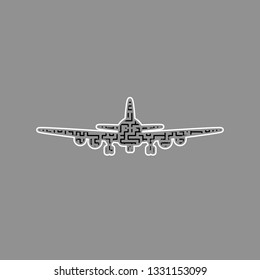 Flying Plane sign. Front view. Vector. Black maze filled icon with white border at gray background.