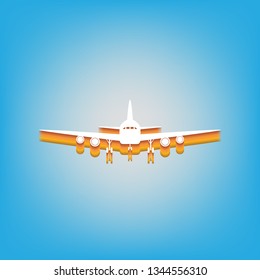 Flying Plane sign. Front view. Vector. White icon with 3d warm-colored gradient body at sky blue background.