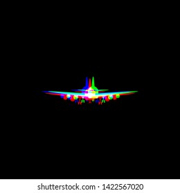 Flying Plane sign. Front view. Red, green and blue unfocused contour icon at black background. Illustration.