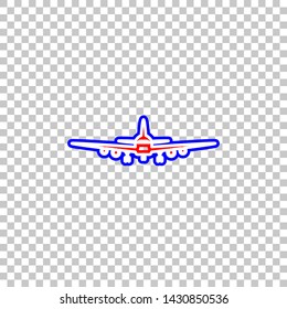 Flying Plane sign. Front view. Red, white and contour icon at transparent background. Illustration.