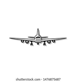 Flying Plane sign. Front view. Black line icon with gray shifted flat filled icon on white background. Illustration.