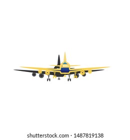 Flying Plane sign. Front view. Blue icon with gold contour with dark gray shadow at white background. Illustration.