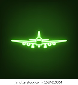 Flying Plane sign. Front view. Green neon icon in the dark. Blurred lightening. Illustration.