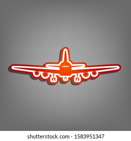 Flying Plane sign. Front view. Flat red icon with linear white icon with gray shadow at grayish background. Illustration.