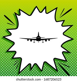 Señal del avión volador. Vista frontal. Icono negro sobre la parte blanca Splash en fondo verde con puntos blancos. Ilustración.