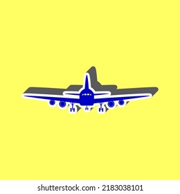 Flying Plane sign. Front view. Blue Icon with white stroke in 3d at yellow Background. Illustration.