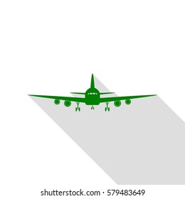 Flying Plane sign. Front view. Green icon with flat style shadow path.