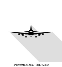 Flying Plane sign. Front view. Black icon with flat style shadow path.