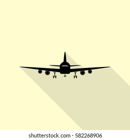 Flying Plane sign. Front view. Black icon with flat style shadow path on cream background.