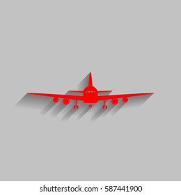 Flying Plane sign. Front view. Vector. Red icon with soft shadow on gray background.