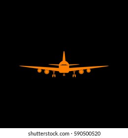 Flying Plane sign. Front view. Orange icon on black background.