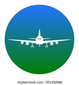 Flying Plane sign. Front view. Vector. White icon in bluish circle on white background. Isolated.