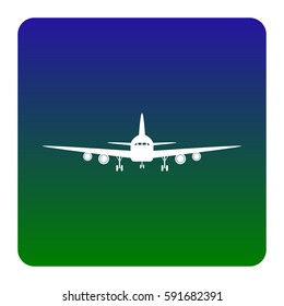 Flying Plane sign. Front view. Vector. White icon at green-blue gradient square with rounded corners on white background. Isolated.