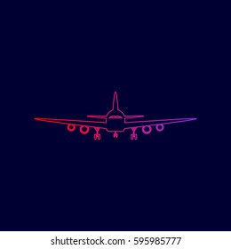 Flying Plane sign. Front view. Vector. Line icon with gradient from red to violet colors on dark blue background.