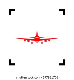 Flying Plane sign. Front view. Vector. Red icon inside black focus corners on white background. Isolated.