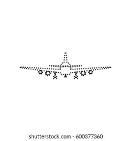 Flying Plane sign. Front view. Vector. Black dotted icon on white background. Isolated.