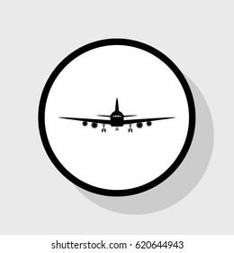 Flying Plane sign. Front view. Vector. Flat black icon in white circle with shadow at gray background.