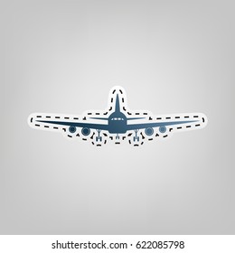 Flying Plane sign. Front view. Vector. Blue icon with outline for cutting out at gray background.