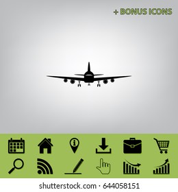 Flying Plane sign. Front view. Vector. Black icon at gray background with bonus icons