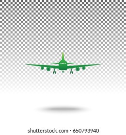 Flying Plane sign. Front view. Vector. Green gradient icon with shadow at bottom on transparent and white background.
