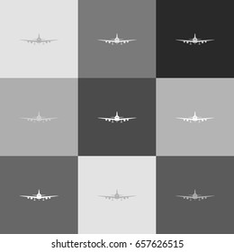 Flying Plane sign. Front view. Vector. Grayscale version of Popart-style icon.