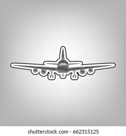 Flying Plane sign. Front view. Vector. Pencil sketch imitation. Dark gray scribble icon with dark gray outer contour at gray background.