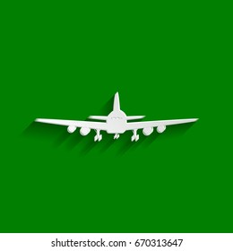 Flying Plane sign. Front view. Vector. Paper whitish icon with soft shadow on green background.