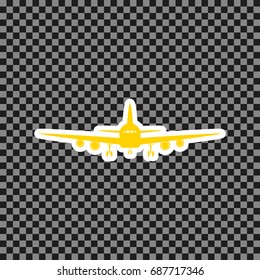 Flying Plane sign. Front view. Vector. Yellow icon with white contour on dark transparent background.