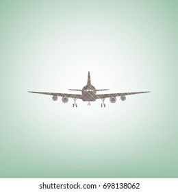 Flying Plane sign. Front view. Vector. Brown flax icon on green background with light spot at the center.