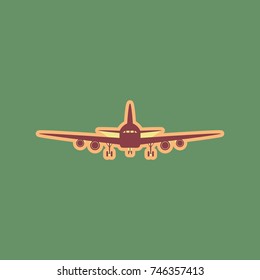 Flying Plane sign. Front view. Vector. Cordovan icon and mellow apricot halo with light khaki filled space at russian green background.