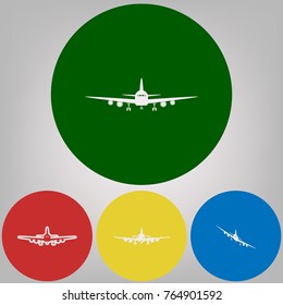 Flying Plane sign. Front view. Vector. 4 white styles of icon at 4 colored circles on light gray background.