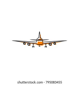 Flying Plane sign. Front view. Vector. Black line icon with shifted flat orange filled icon on white background. Isolated.
