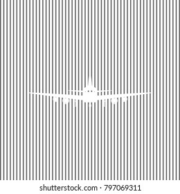 Flying Plane sign. Front view. Vector. White icon on grayish striped background. Optical illusion.