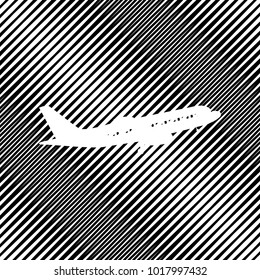 Flying Plane sign. Side view. Vector. Icon. Hole in moire background.