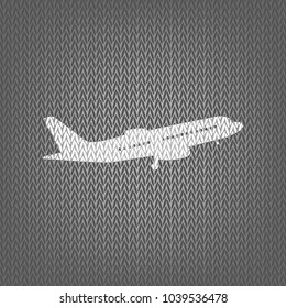 Flying Plane sign. Side view. Vector. White knitted icon on gray knitted background. Isolated.