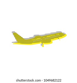 Flying Plane sign. Side view. Vector. Yellow icon with square pattern duplicate at white background. Isolated.