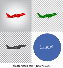 Flying Plane sign. Side view. Vector. 4 styles. Red gradient in radial lighted background, green flat and gray scribble icons on transparent and linear one in blue circle.