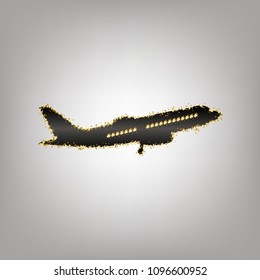 Flying Plane sign. Side view. Vector. Blackish icon with golden stars at grayish background.