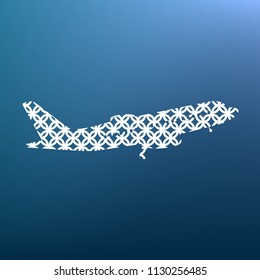 Flying Plane sign. Side view. Vector. White textured icon at lapis lazuli gradient background.