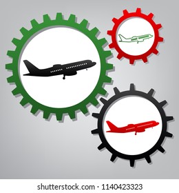 Flying Plane sign. Side view. Vector. Three connected gears with icons at grayish background.