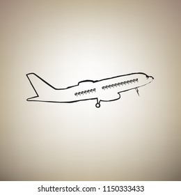 Flying Plane sign. Side view. Vector. Brush drawed black icon at light brown background.