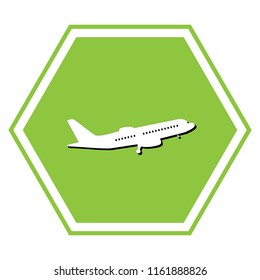 Flying Plane sign. Side view. Vector. White icon with black shadow at yellow green honeycomb on white background.