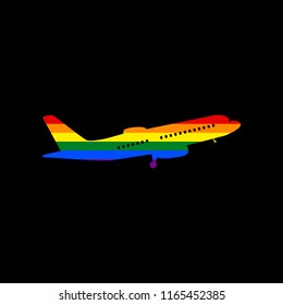 Flying Plane sign. Side view. Vector. Icon with colors of LGBT flag at black background.